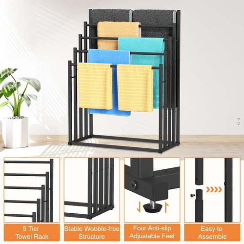 Honiter Towel Racks for Bathroom, 5 Tier Wide Towel Drying Rack Outdoor, Free Standing Towel Rack, Pool Towel Blanket Stand and Display Rack for Oversized Bath Towels