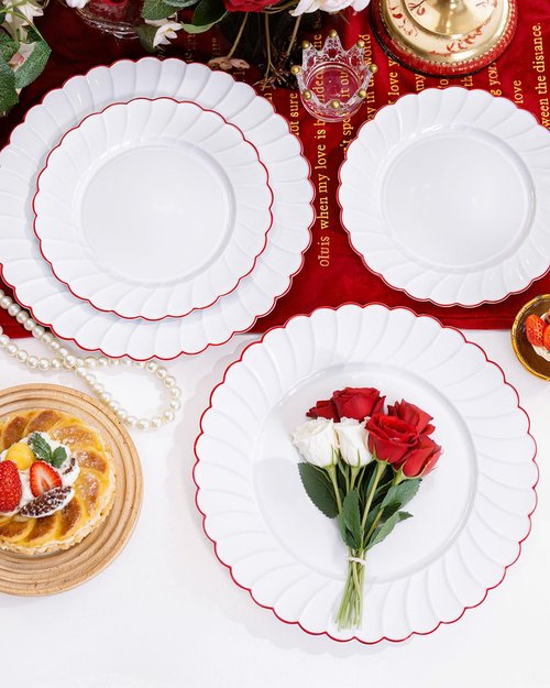 YOUBET 60PCS Red Scalloped Plastic Plates - Heavy Duty White and Red Rim Disposable Plates include 30 Hard Dinner Plate, 30 Dessert Plate for Party & Wedding Easter Mothers Day