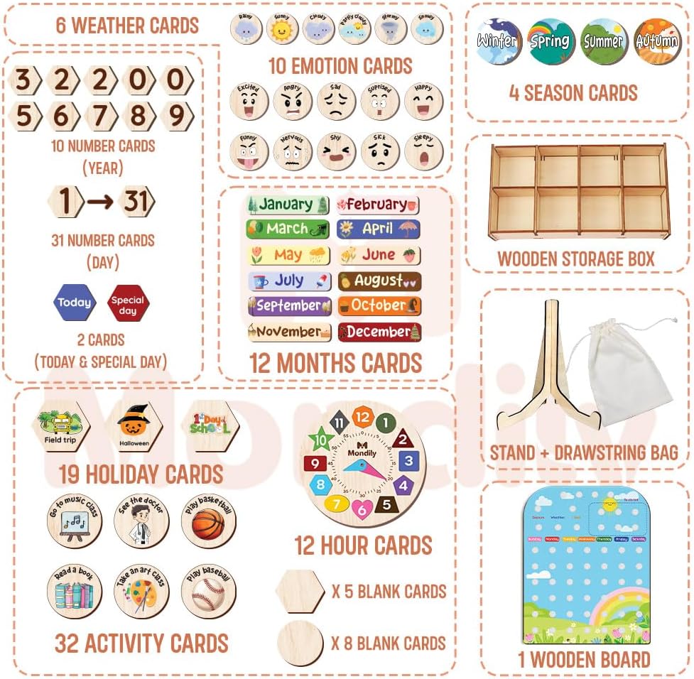 Skiennix Interactive Wooden Calendar for Kids Ages 3+ | Teach Seasons & Daily Activities (12 x 15 Inches)