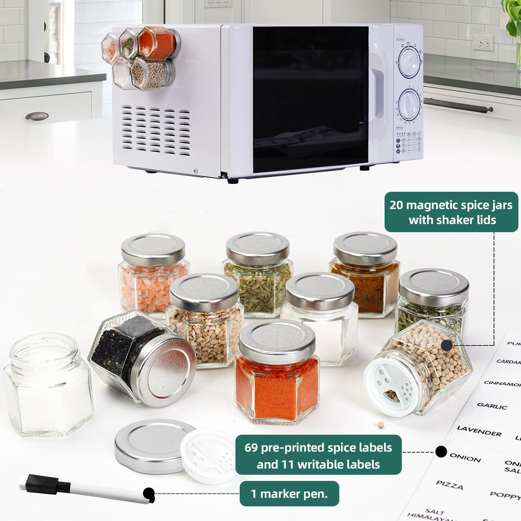 OPTWISELY Set of 20 Magnetic Spice Jars for Refrigerator, Glass Small Hexagon Magnet Seasoning Containers with Labels, shaker Lids, Fridge Magnetic Spice Rack Organizer with Jars
