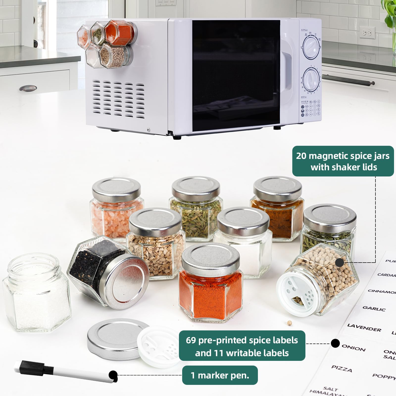 OPTWISELY Set of 20 Magnetic Spice Jars for Refrigerator, Glass Small Hexagon Magnet Seasoning Containers with Labels, shaker Lids, Fridge Magnetic Spice Rack Organizer with Jars