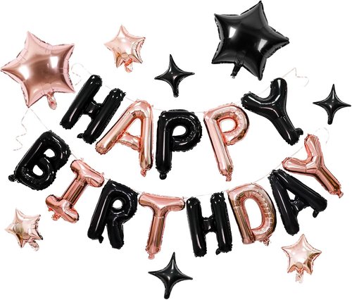 Happy Birthday Banner - 3D Mylar Foil Letter Balloons & 8 Star Balloons | Black & Rose Gold Party Decor