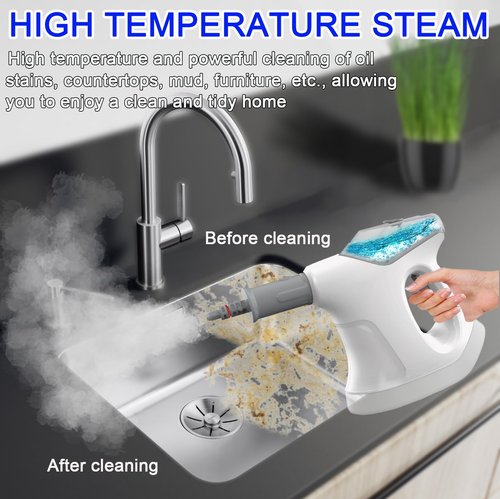 Handheld Steam Cleaner, 10S Immediate Heat Hand Held Steam Cleaner for Home, with Visualized Large Water Tank & 9 PCS Accessories & Safety Lock, for Window,Car,Kitchen,Couch,Floor (WHITE+GRAY)