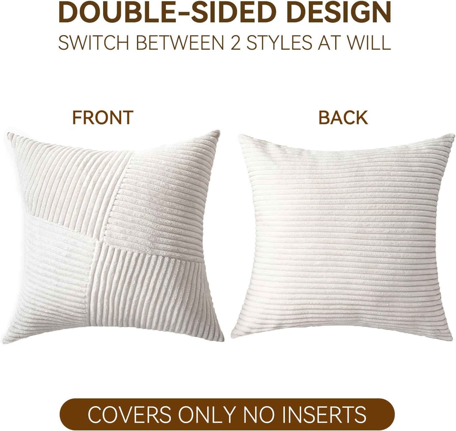 Skiennix Decorative Throw Pillow Covers - Set of 2 | 18x18 Inch Soft Corduroy Striped Cushion Cases in Cream White for Boho Farmhouse Decor