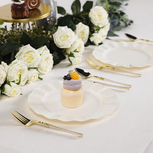 NZVCN 72 Pack Ivory Plastic Plates, 7" Disposable Wave Edge Salad/Dessert Plates Elegant Heavy Duty Plate for Party, Wedding, Thanksgiving, Christmas