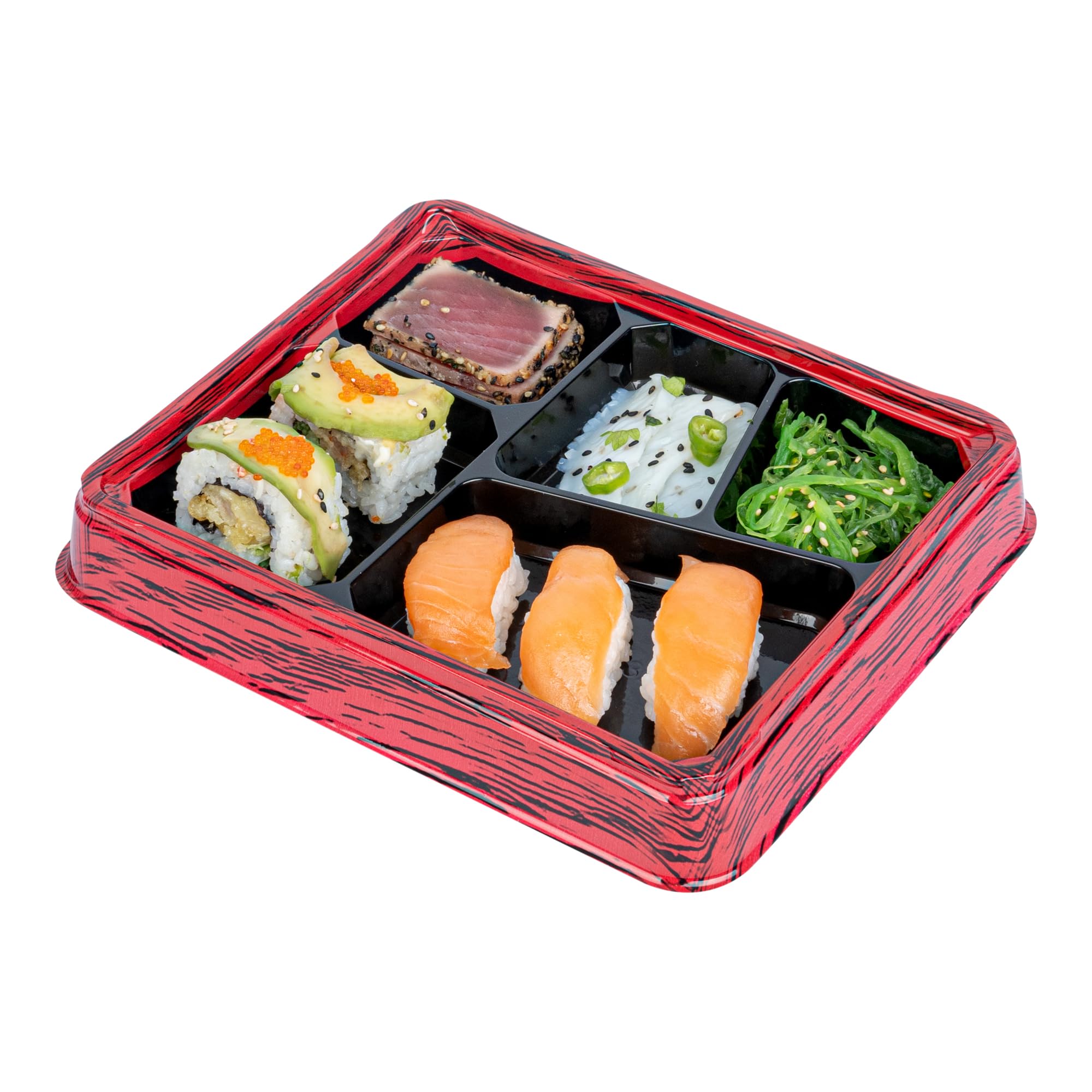 Restaurantware-Bento Tek 18.3 Ounce Meal Prep Containers, 100 Disposable To Go Food Boxes - Lids Sold Separately, 5 Compartments, Red And Black Plastic Bento Lunch Boxes, Freezable, For Take Out