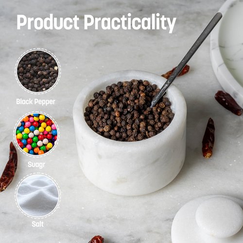 Koville Marble Salt Cellar with Lid 3.5" White, Stone Pepper Container & Spice Jars for Kitchen, Marble Salt and Pepper Holder, Stone Storage Box for Kitchen Counter, Spice Jar(Namib Fantasy White)