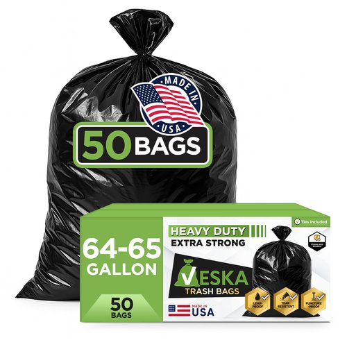 Veska 65 Gallon Trash Bags for Toter, (Value-Pack 50 Count w/Ties) Extra Large 64 Gallon Heavy Duty, 60 Gal Trash Bags Outdoor Garbage Can Liner for CustodiansExtra Large Garbage Bag 70 Gallon