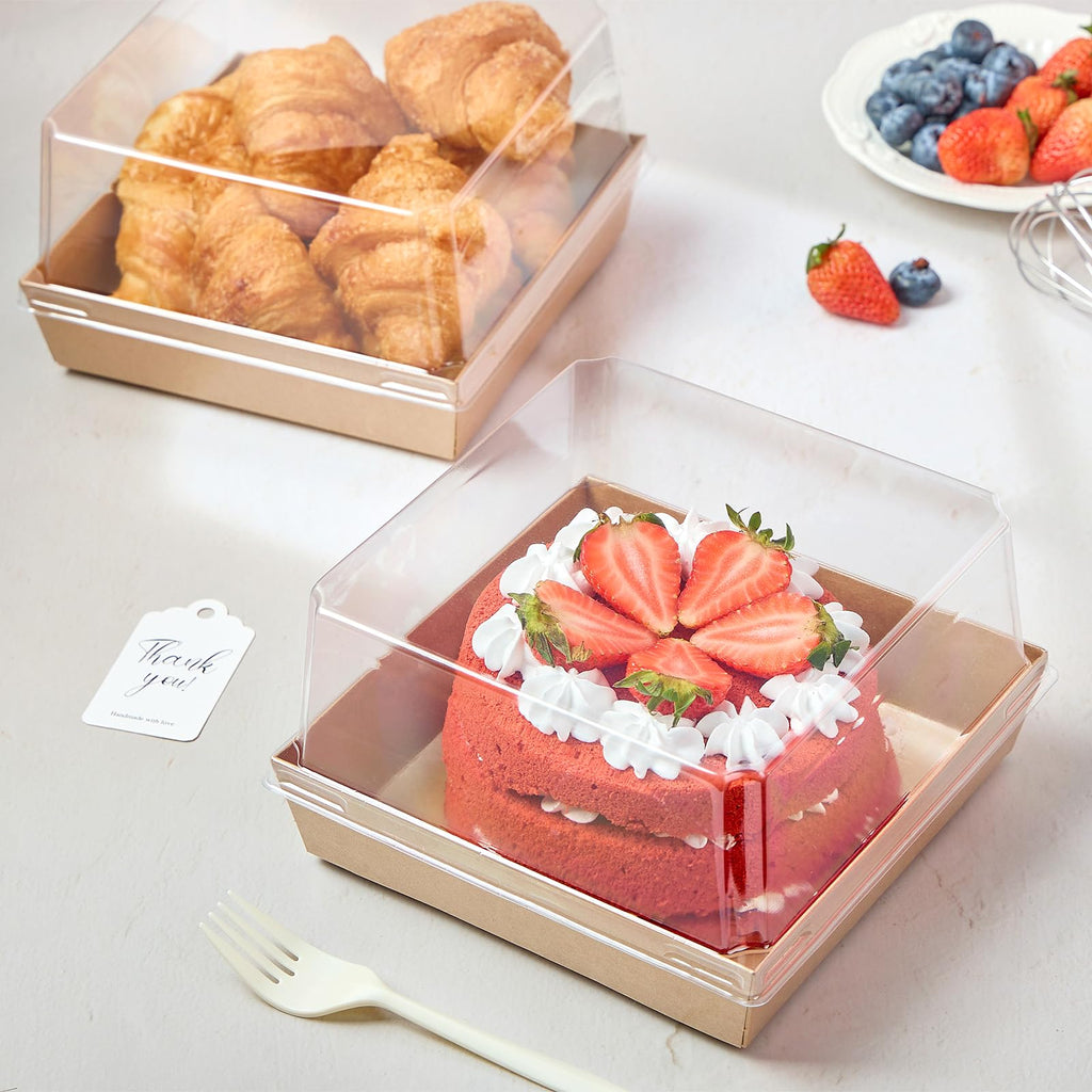 ZORRITA 7 x 7 x 4 Inches Paper Cake Boxes with Clear Lids, 40 Pack Disposable Charcuterie Boxes Square Food Containers for 4-6 Inch Cake, Dessert, Pie, Cupcake, Bakery (Brown)