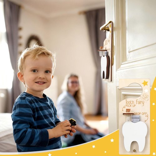 DoubleFill Tooth Fairy Gift Holder Bag Door Hanger Tooth Fairy Kit Stores Lost Teeth Keepsake Box Easter Gift World Oral Health Day Gifts for Lost Teeth Boy Girl(Fresh,Brown)