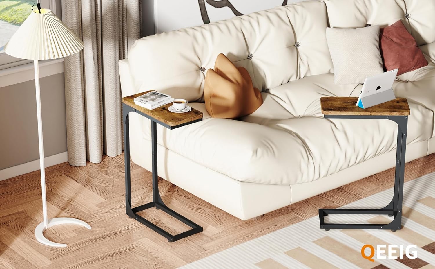 QEEIG Narrow C Shaped Side Table Set of 2 - Slim Couch Tray Tables in Rustic Brown | 7-Inch Width