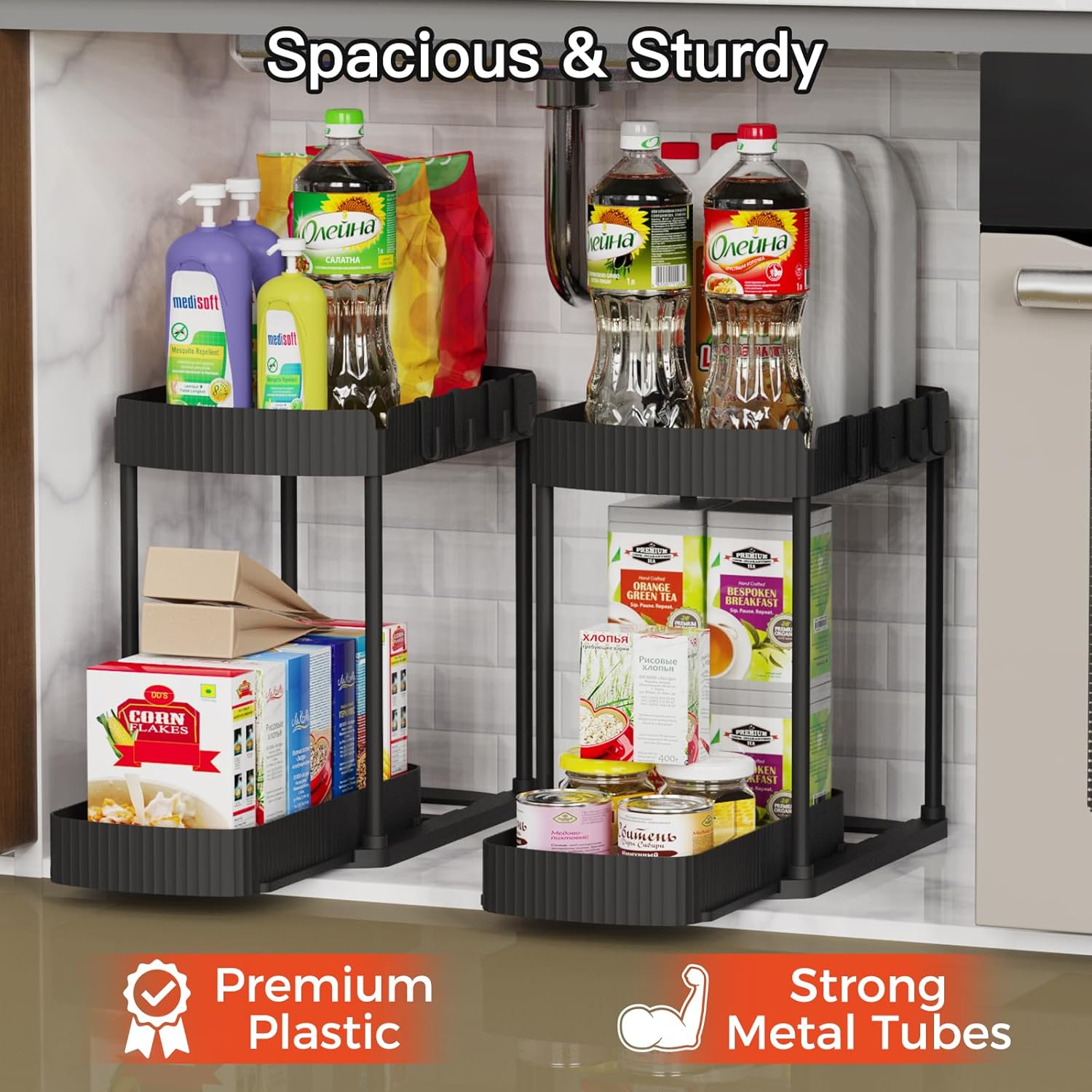 Ukeetap Multi-Purpose Pull-Out Storage Organizers - Under Sink & Cabinet Solutions, Black, 12.8 Inches, 2 Packs