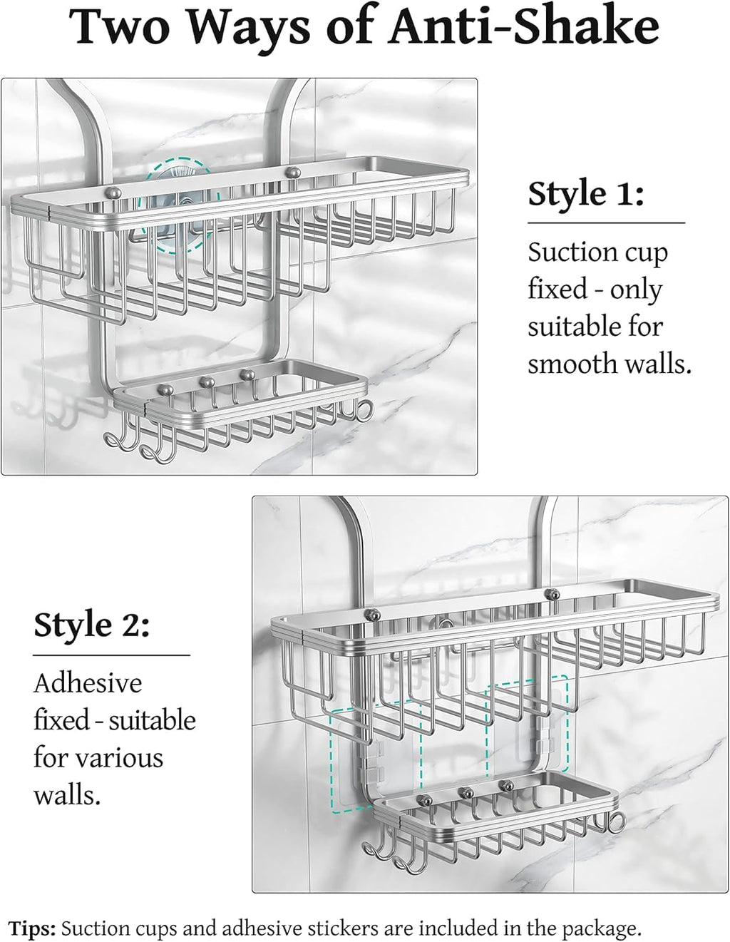 YASONIC Shower Caddy - Rust-Resistant Aluminum Organizer with 10 Hooks & Soap Basket - Silver