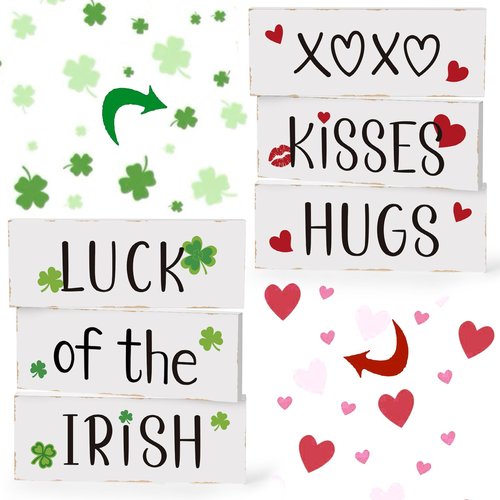 3Pcs Valentine's Day Decoration Reversible Wooden Table Centerpiece Blocks Double Sided Printing Valentine Day Hugs and Kisses Sign St Patrick's Wood Tabletop for Tiered Tray Shelf Office Desk Home Indoor