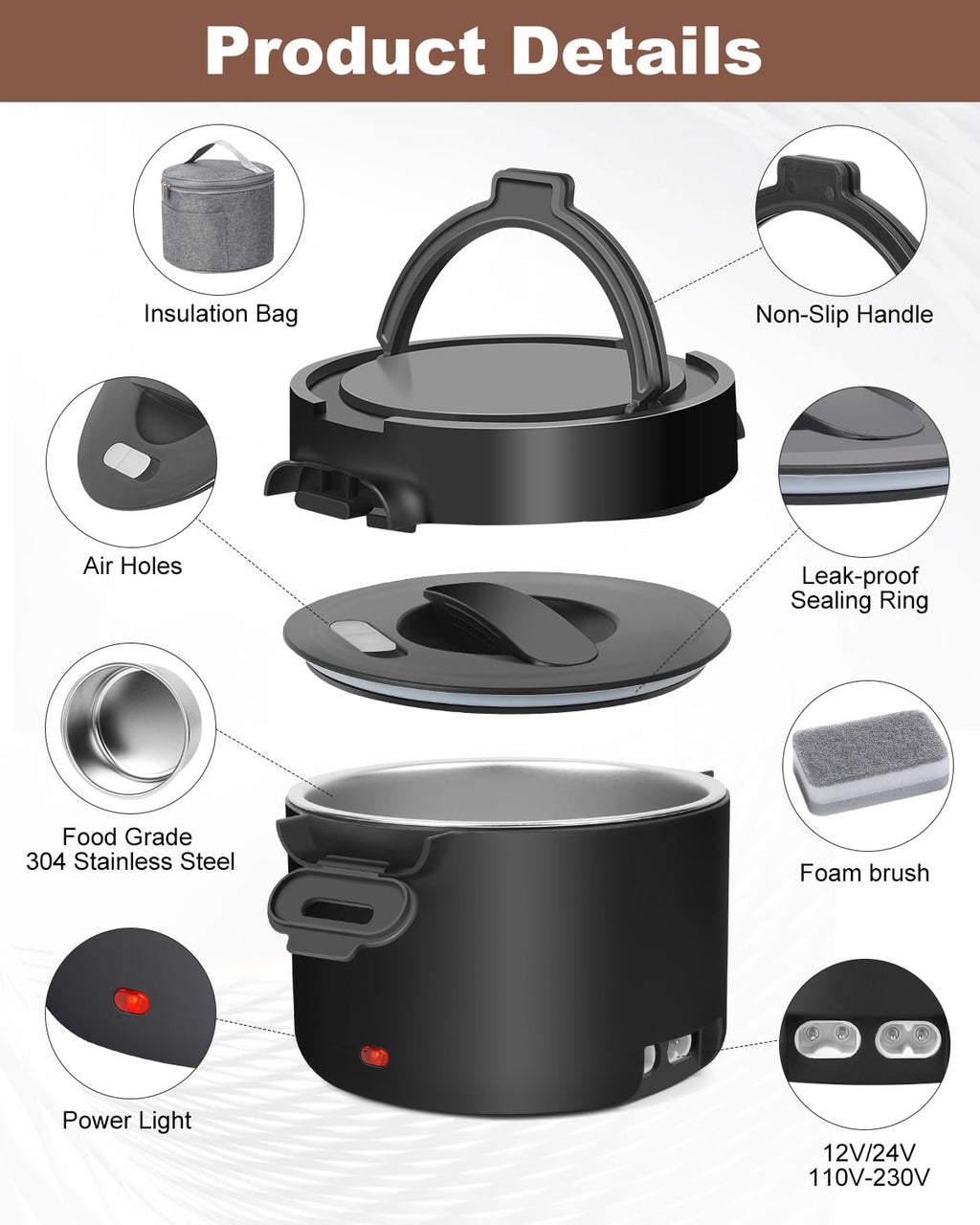 WVJ Electric Lunch Box for Men, 1L/34oz 100W Portable Food Warmer Leak-proof Food Heater for Adults 12V/24V/110V for Car/Truck/Office/On-the-Go Travel Black