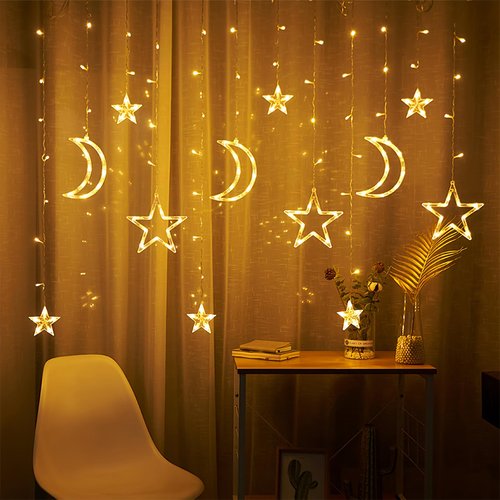 Moon and Stars Decor Curtain Lights, 11.5ft String Lights for Bedroom, Christmas, Ramadan Decor, Indoor LED Fairy Twinkle Light, Battery Operated or USB Plug-in (Warm Yellow + Remote)