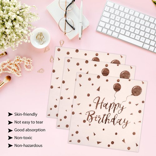 HFBOBP 50PCS Happy Birthday Paper Plates and Napkins Set - 7 Inch Pink Rose Gold Birthday Cake Plates Scalloped Dessert Plate Disposable Tableware for Birthday's Party Supplies Decorations