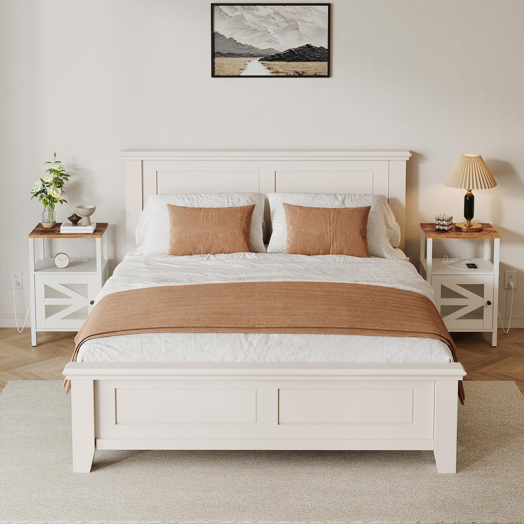 MAHANCRIS Farmhouse Nightstand with Charging Station, Rustic Bedside Table with USB Ports and Outlets, End Table Living Room with Storage, Side Table for Bedroom, White and Rustic Brown ETRW97E01