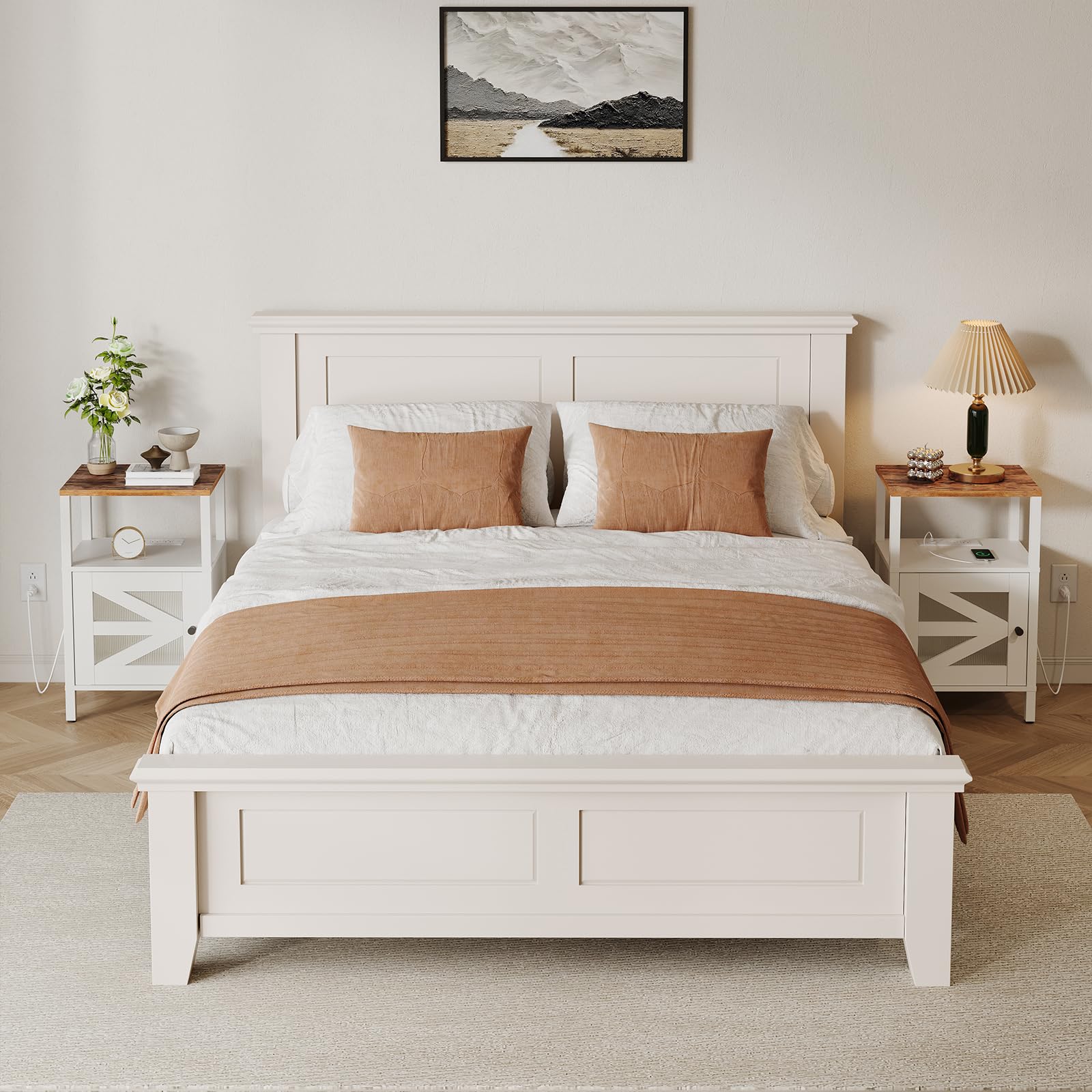 MAHANCRIS Farmhouse Nightstand with Charging Station, Rustic Bedside Table with USB Ports and Outlets, End Table Living Room with Storage, Side Table for Bedroom, White and Rustic Brown ETRW97E01