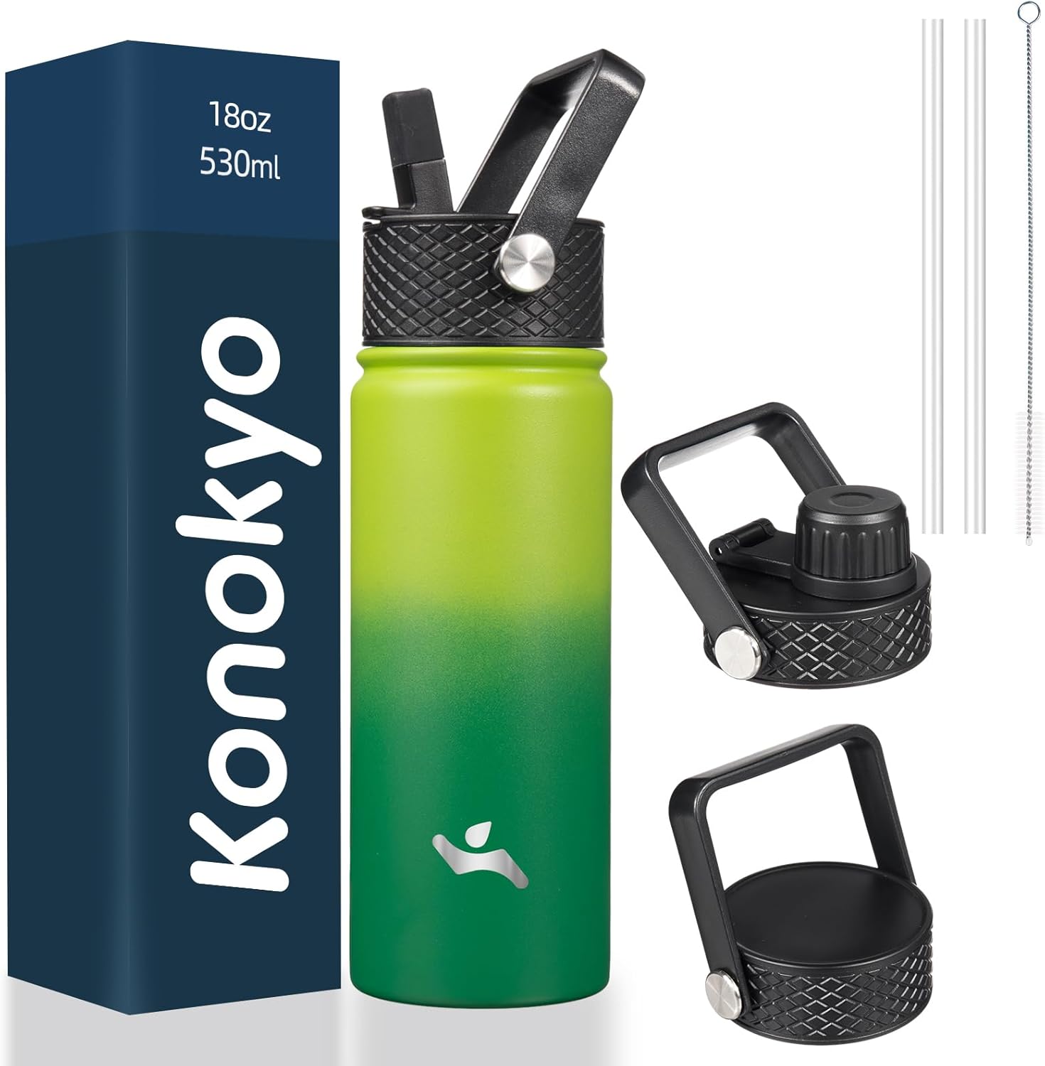 Skiennix 18 oz Insulated Stainless Steel Water Bottle - Durable Sport Bottle with 3 Lids | Bamboo Grove