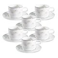 fanquare 7 Ounces Bone China Teacup and Saucer Set for 6, Silver Trimmed Peony Floral Porcelain Coffee Cup with Anti-Slip Design for Home Office Wedding