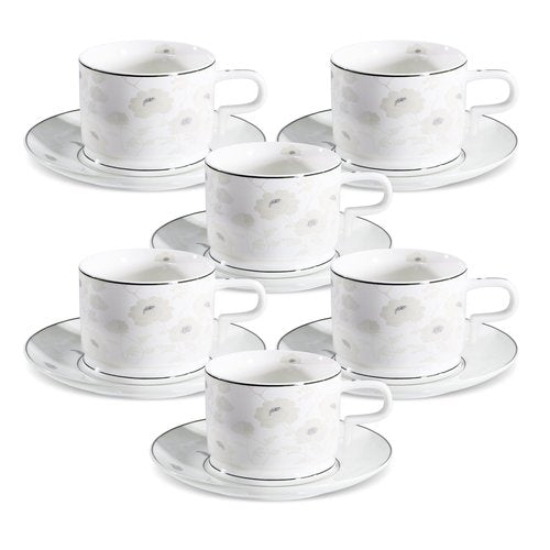 fanquare 7 Ounces Bone China Teacup and Saucer Set for 6, Silver Trimmed Peony Floral Porcelain Coffee Cup with Anti-Slip Design for Home Office Wedding