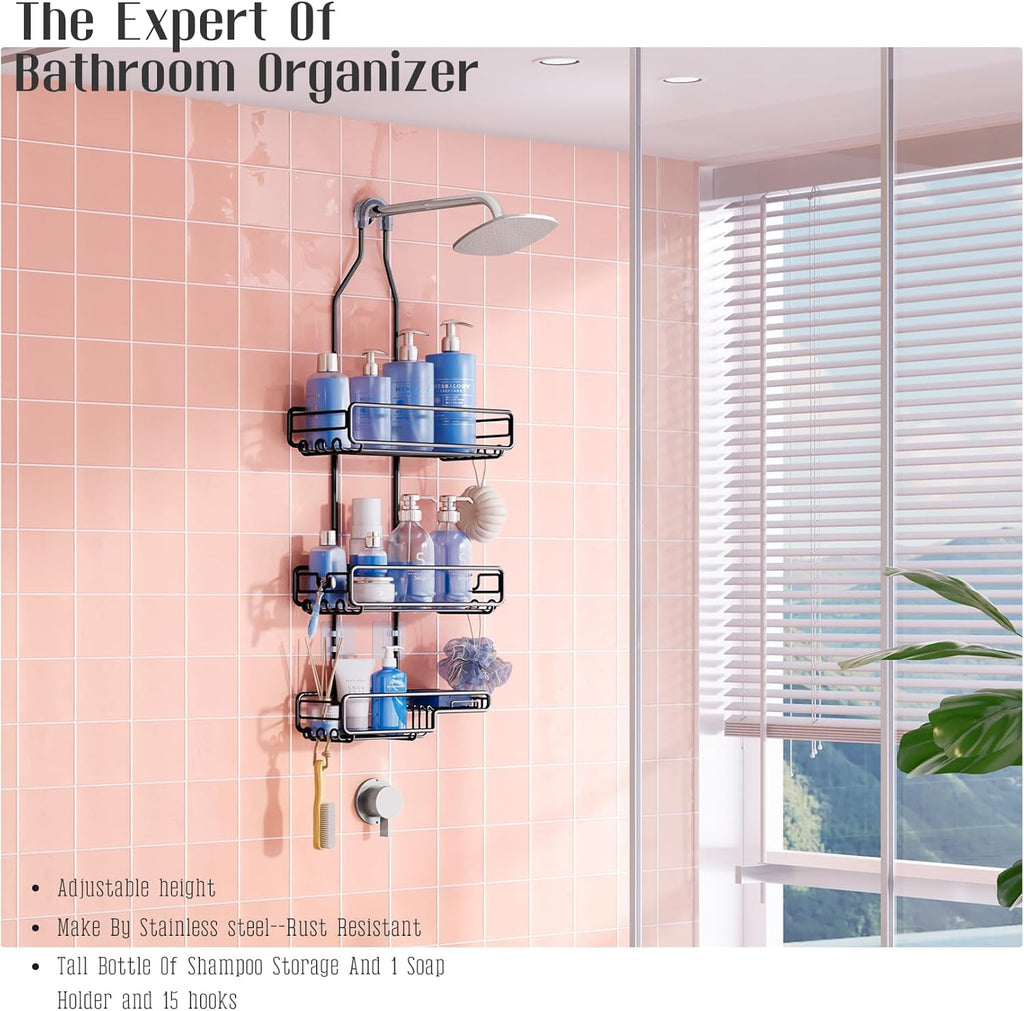 Skiennix Shower Caddy - Adjustable Overhead Organizer for Tall Showerheads | Extra Large Storage for Shampoo & Soap