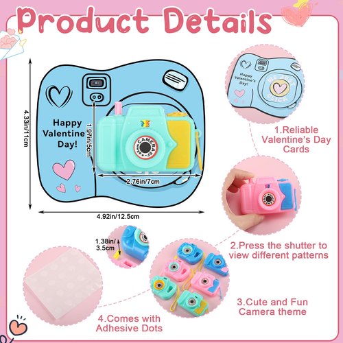 Jenaai 30 Pack Valentines Day Gifts for Kids Mini Toy Camera Bulk Set with Valentine's Greeting Cards Images in Viewfinder for Kids Classroom Exchange Gift Award Prize Party Favors