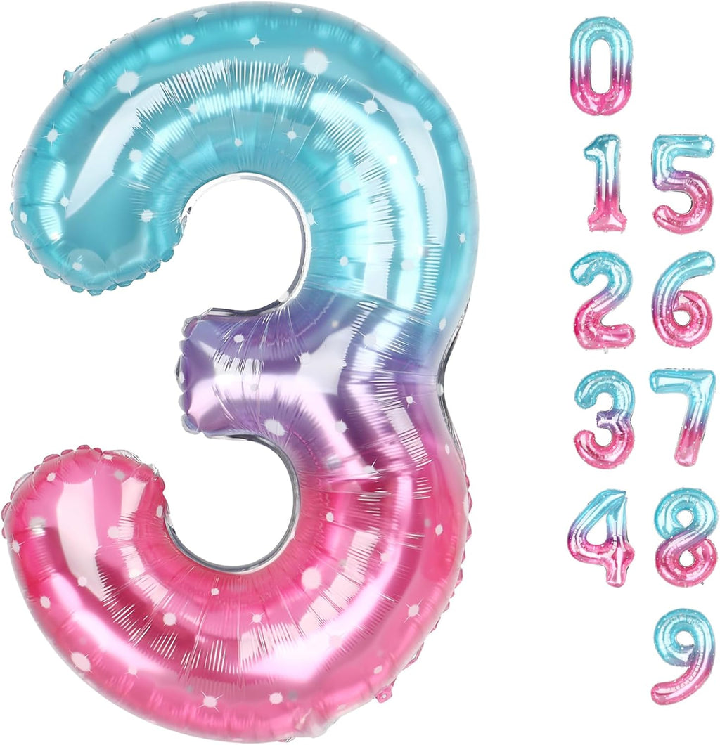 Numbers Balloon 3 - 40 Inch Large Pink, Purple & Blue Balloon for 3rd Birthday Party Decor