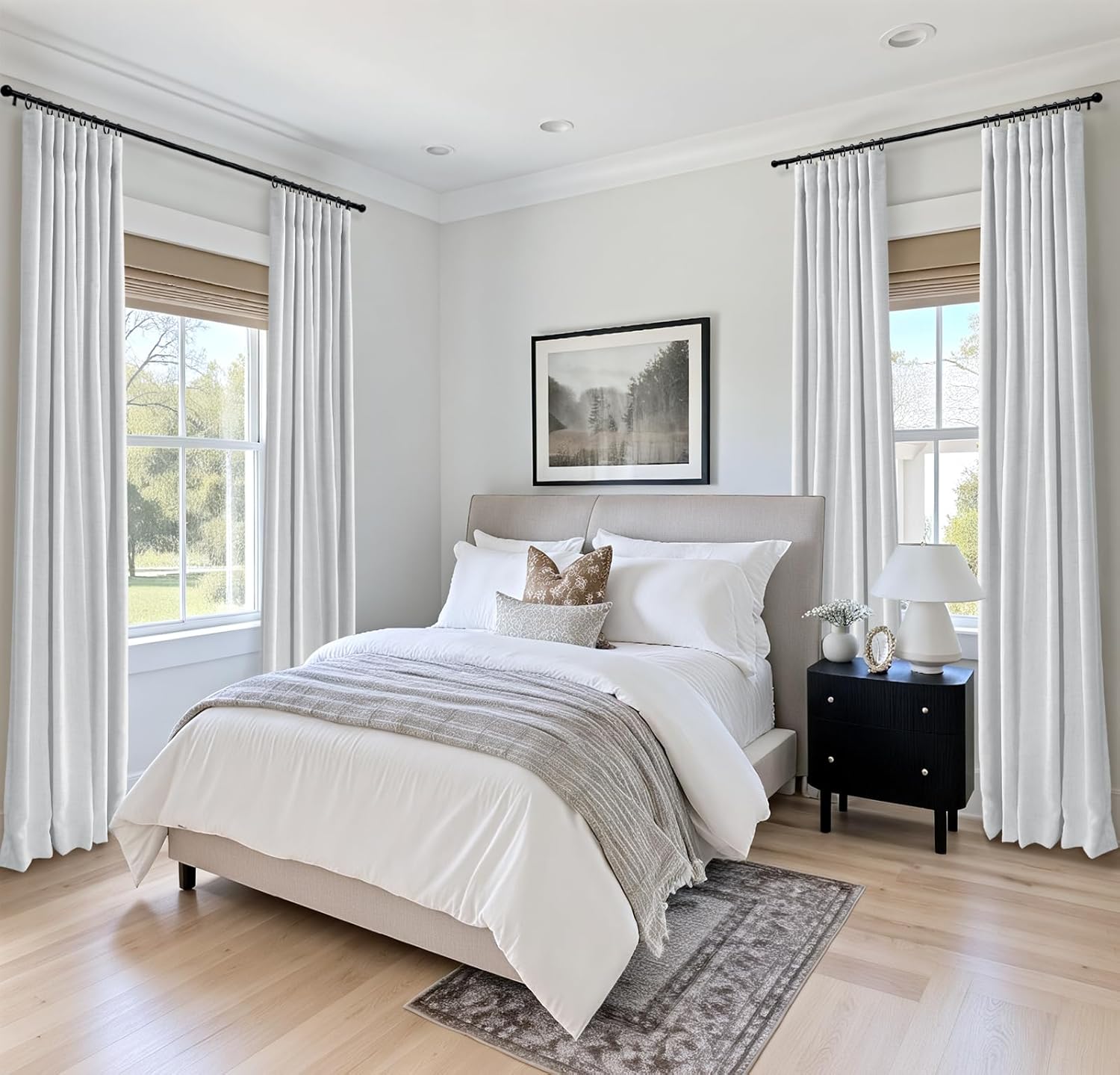 Skiennix 100% Blackout Curtains - Thermal Insulated Faux Linen | 84 Inch Length, 2 Panels Set in Bright White