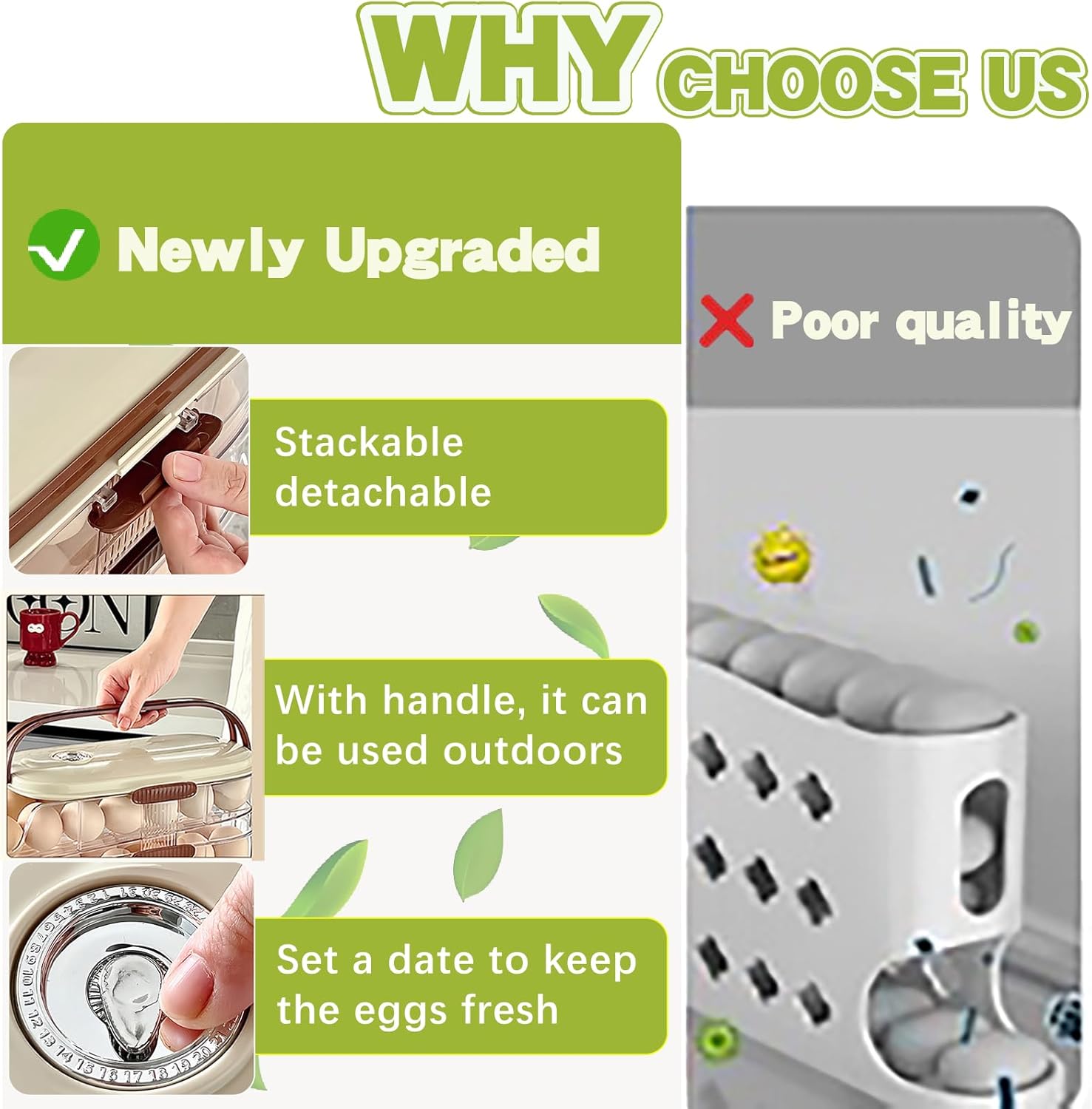 Skiennix Egg Holder - Automatic Rolling Egg Dispenser with Lid & Handle - Stackable Organizer for Fridge & Pantry