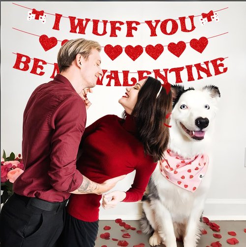 Valentines Day Banner Garland, Set of 3 Glitter Valentines Day Decorations Red Heart Garlands, Dog Valentines Banner Decorations for Home Outdoor Valentines Birthday Anniversary Decor