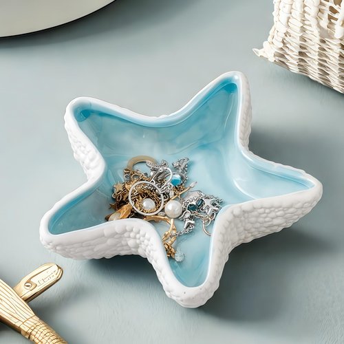 Koyzsen Starfish Jewelry Dish Ceramic Holder Ring Trinket Tray, Ocean-themed Decorative Trinket Dish, Suitable for Mother Friend Sister, Gifts for Women, Home Decor Trinket Dish(Sea Blue)