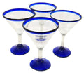 Mexican Hand Blown Glass – Set of 4 Hand Blown Modern Margarita Glasses - Blue Rim (12 oz)