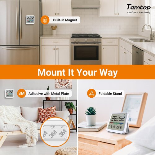 Temtop Indoor Thermometer Hygrometer, Precision Digital Temp/Humidity Monitor with Magnet & 3M Sticker, Date & Time, Wall/Magnet/Stand Mount, for Home, Office, Nursery, T1-SE