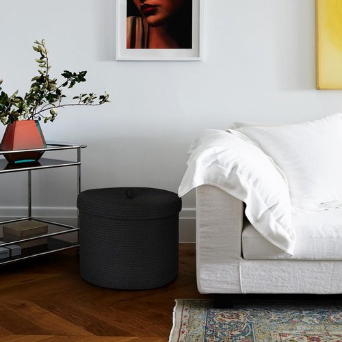 HONCESTA Storage Basket with Lid, 15” x 13” Lidded Blanket Basket Living Room, Black Woven Baskets for Storage, Nursery Kids Cotton Rope Toy Bin Box with Cover, Wicker Laundry Basket Pillow Holder