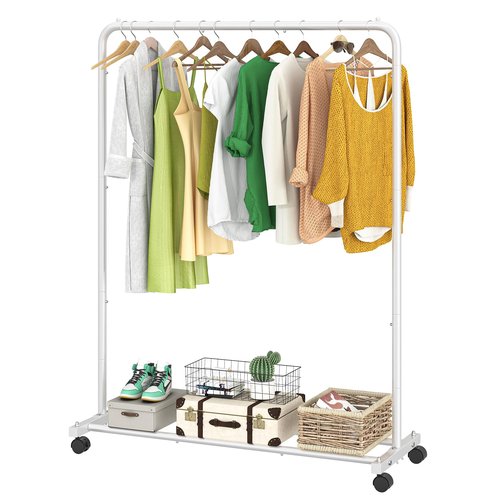 Simple Trending Standard Clothes Clothing Garment Rack with Storage Shelves, Rolling Clothes Organizer on Wheels for Hanging Clothes, White