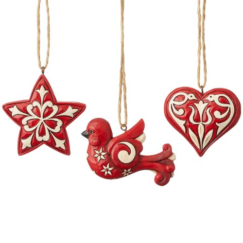 Enesco Jim Shore Heartwood Creek Nordic Noel Star Heart and Cardinal Hanging Ornament Set, 2.875 Inch, Multicolor, Christmas