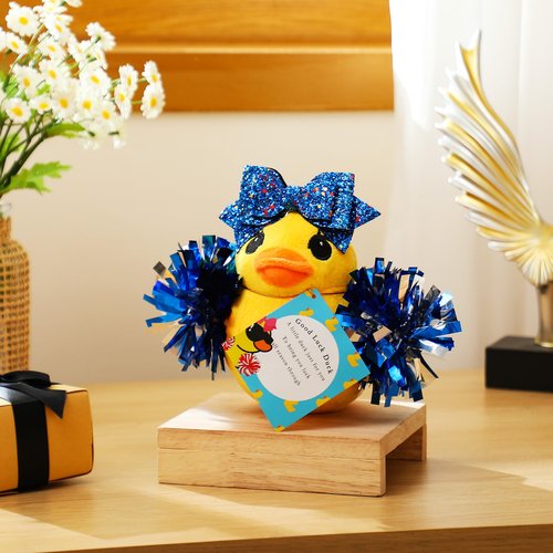 Lenwen Cheer Duck Gift with Pom Poms Bow 8 Inch Duck Plush Senior Cheerleader Gifts Team Support Gift for Senior Night Gifts Cheer Competition Day Must Have(Blue)