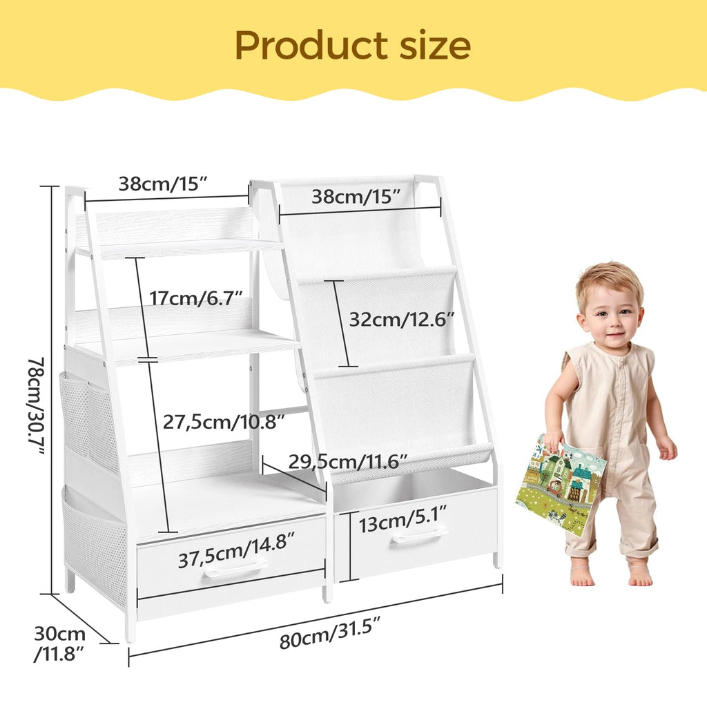 MAHANCRIS Kids Bookshelf and Toy Storage,3-Tier Sling Bookcase for Kids,Sturdy Toddler Bookshelf for Nursery,Playroom, Bedroom,White KBWT8401