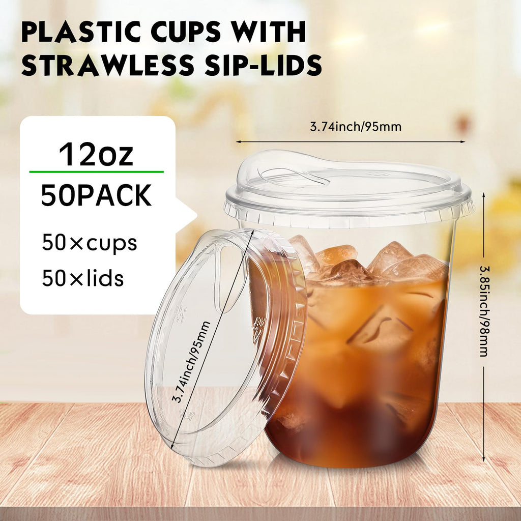 Baderke 50 Pcs Clear Plastic Cups with Strawless Sip Lids Disposable Round Bottom Togo Cups for Coffee Smoothie Cold Beverage Coffee Shops and Party Catering (12 oz)
