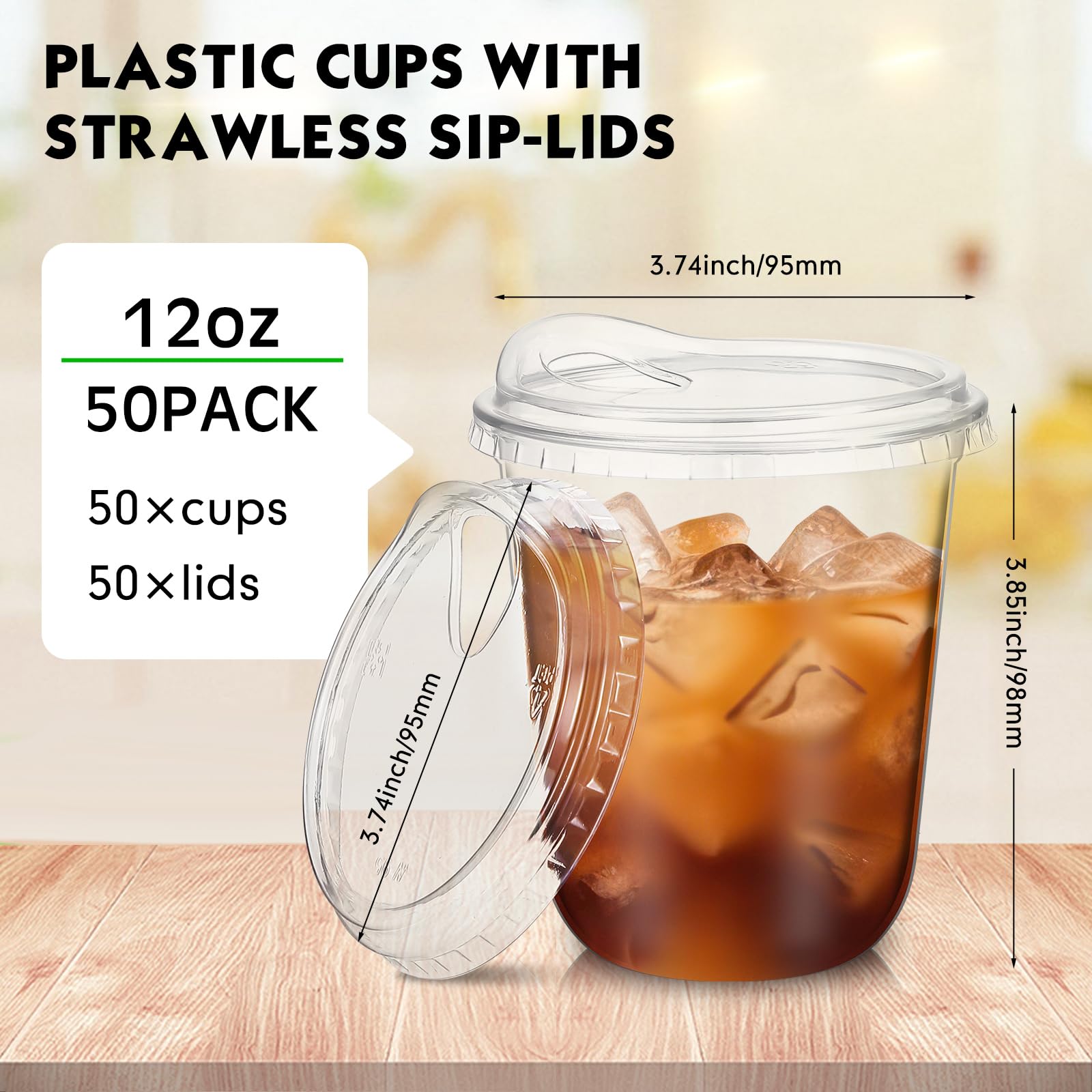 Baderke 50 Pcs Clear Plastic Cups with Strawless Sip Lids Disposable Round Bottom Togo Cups for Coffee Smoothie Cold Beverage Coffee Shops and Party Catering (12 oz)