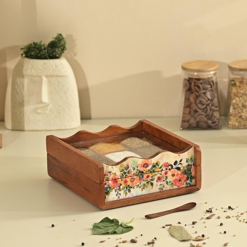 Brick Brown® Premium Wooden Pastel Flora Nava Masala Box with Wooden Spoon | 9-Compartment Spice Box Organizer with Acrylic Lid Meenakari Work | Masala Dani Namak Dani | Masala's Container Dabba