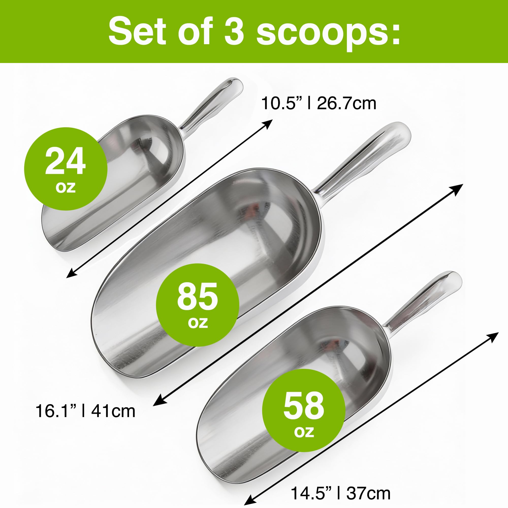 [Set of 3] 24oz + 58oz + 85oz Metal Scoops for Ice Machine - Large Aluminum Ice Scoop Bundle - Hand Wash Only