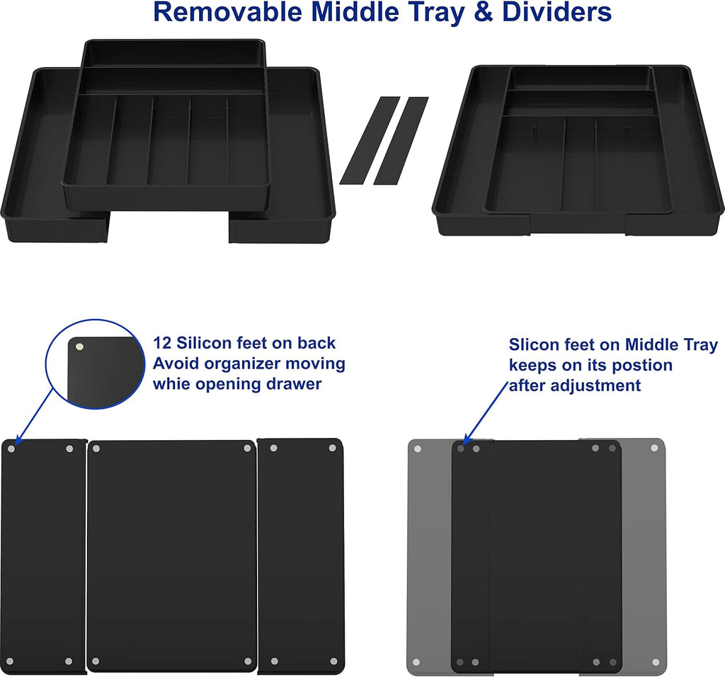 Simple Houseware Flatware Organizer - Adjustable Black Kitchen Drawer Tray with 9 Compartments for Utensils
