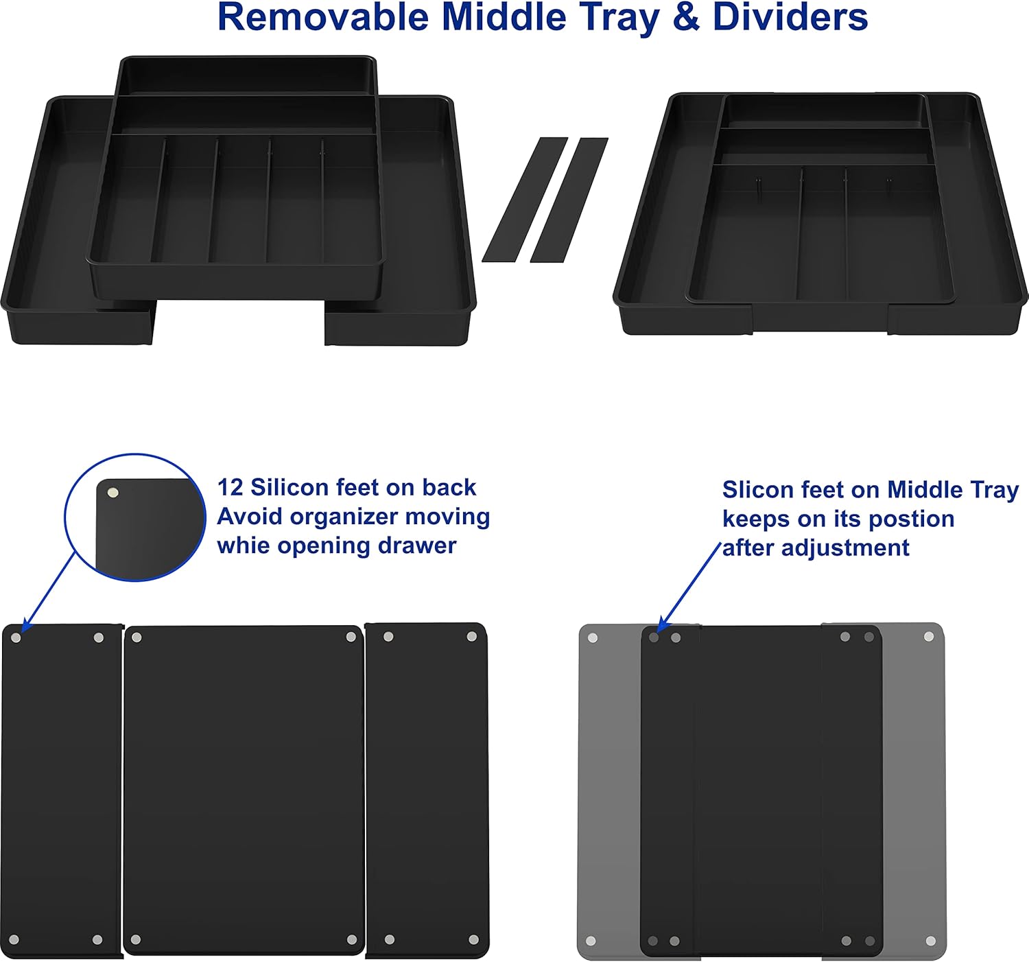 Simple Houseware Flatware Organizer - Adjustable Black Kitchen Drawer Tray with 9 Compartments for Utensils
