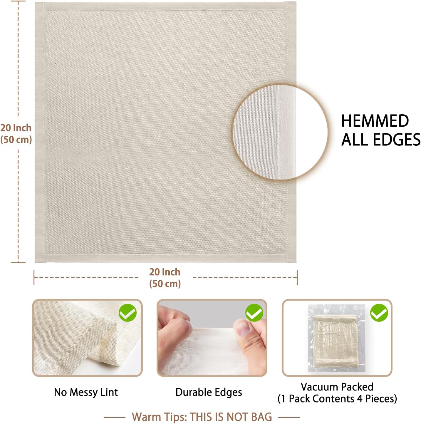 Olicity Cheese Cloths - 100% Cotton Unbleached Muslin Strainer | 4PCS, 20x20 Inch Hemmed Design