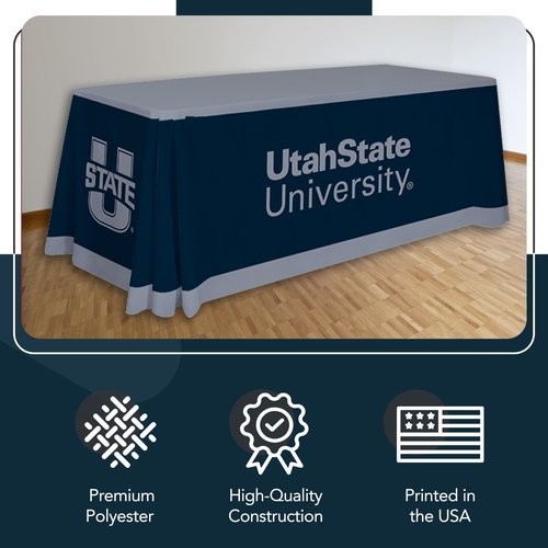 Utah State Aggies College Sports Printed Table Throw - NCAA Licensed - Polyester - School Tablecloth (Blue, Gray) (6' Draped)