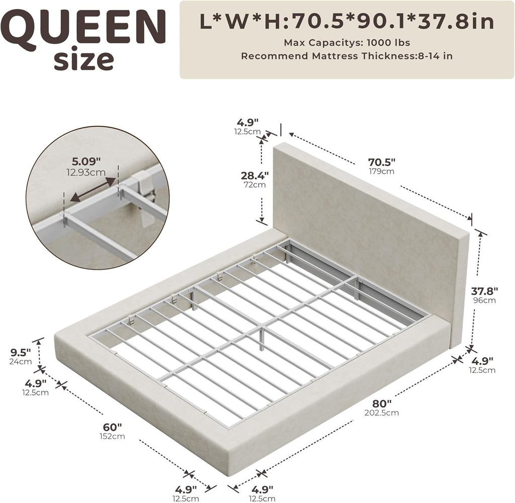 Recci AirFrame Queen Bed Frame - Cloud Upholstered Platform with Cushioned Headboard | Easy Assembly, Beige Chenille