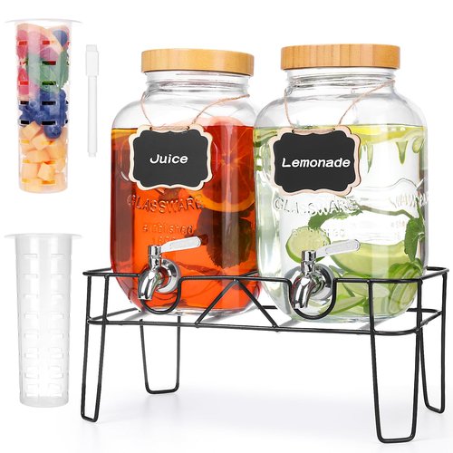 2 Pack 1 Gallon Glass Drink Dispenser with Bamboo Lids, Beverage Dispenser with Stand, Drink Machine for Lemonade, Iced Drinks Kombucha Dispenser for Parties